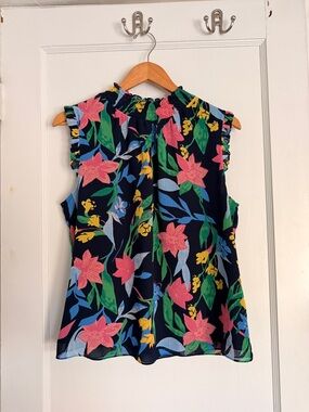 J. Crew Navy Floral Smocked Ruffle Sleeveless Top